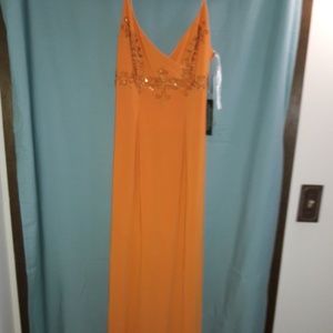 Spaghetti strap Orange beaded embellished prom dre